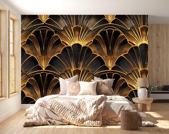 Art Deco Gold Fan Wallpaper, Black and Gold Glam Wall Mural, Modern Geometric Accent Wall Decor, Luxury Peel and Stick Stylish Room Wall