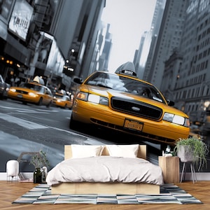 NYC Taxi Wall Mural Wallpaper – 3D Yellow Cab Times Square Street Art, Bold City Skyline Bedroom Decor, Modern Stylish New York Wall Mural