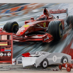 Papel de parede 3D com carro de corrida de Fórmula 1 | Decoração de parede para quarto de meninos | Arte de parede moderna e ousada com carro esportivo | Presente para quarto infantil | Parede de corrida estilosa