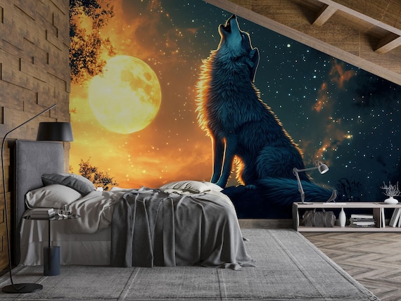 3D Wolf Howling at Moon Wall Mural – Mystical Night Forest Decor