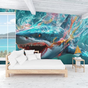 3D Shark Wall Mural for Kids Room – Ocean Sea Life Wallpaper – Peel and Stick Large Shark Decor – Underwater Boys Bedroom Art