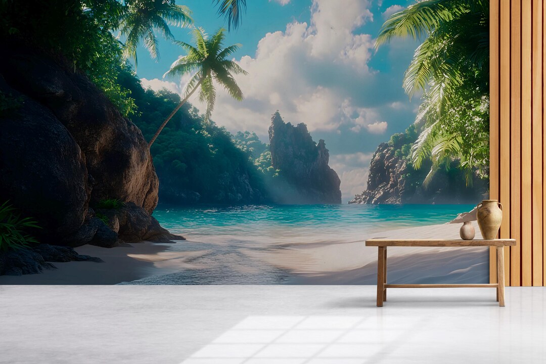 Tropical Hidden Cove Wall Mural – Beach and Ocean View Wallpaper – Peel