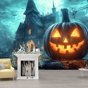 3D Halloween Pumpkin Haunted House Wallpaper Mural | Spooky Jack-O&#39;-Lantern Wall Art | Haunted Mansion Decor | Stylish Peel And Stick