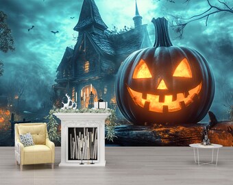 3D Halloween Pumpkin Haunted House Wallpaper Mural | Spooky Jack-O'-Lantern Wall Art | Haunted Mansion Decor | Stylish Peel And Stick