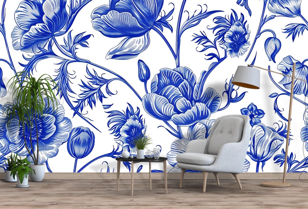 Blue and White Floral Wallpaper Mural – Oversized Botanical Flower Wall ...