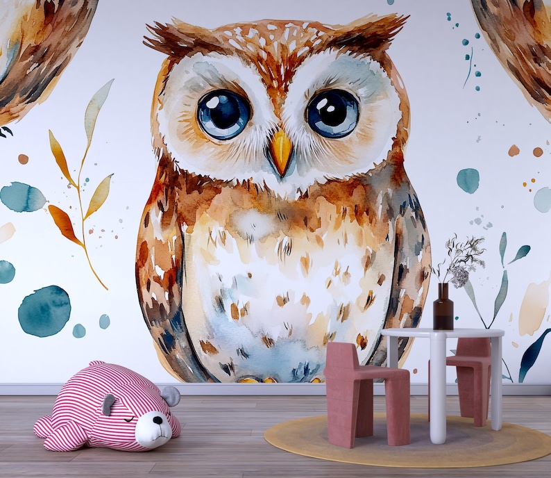 Watercolor Owl Wall Mural – Kids Room or Nursery Wallpaper With Cute ...