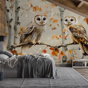 Barn Owl Wall Mural – Autumn Birch Forest Wallpaper with Twin Owls | Woodland Bedroom Accent Mural