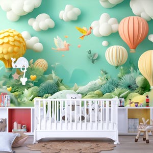 3D Hot Air Balloon Wall Mural for Nursery – Peel and Stick Kids Room Wallpaper – Pastel Baby Room Decor – Playroom Jungle Landscape Decal