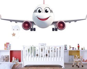 Adesivo da parete con aeroplano sorridente / Adesivo carino con aeroplano per la camera dei bambini / Decorazione aeronautica per la cameretta dei bambini / Arte murale rimovibile staccabile e attaccabile / Sala giochi
