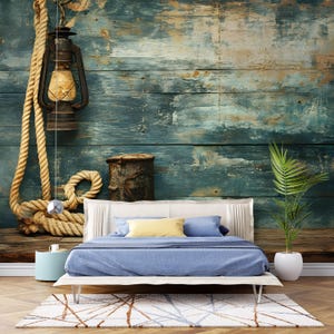 Nautical Wall Mural – Rustic Rope and Lantern Wallpaper, Vintage Coastal Wood Panel Peel and Stick Decor for Bedroom or Lake House