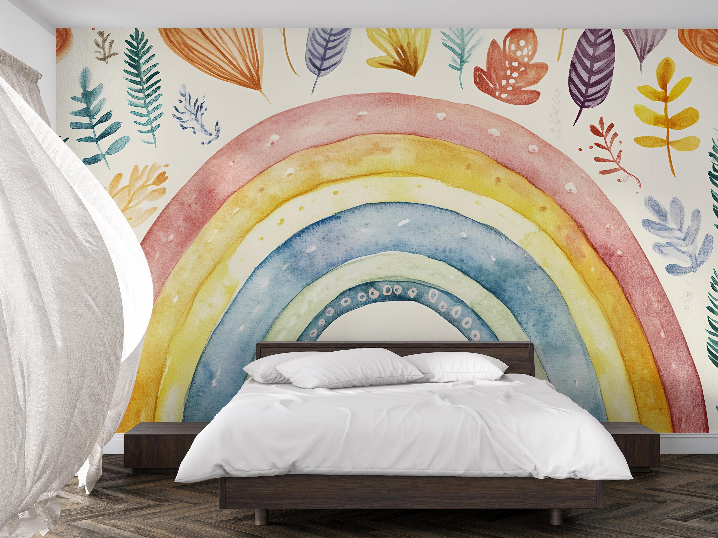 Hand-painted Rainbow Wall Mural – Watercolor Foliage Peel and Stick ...