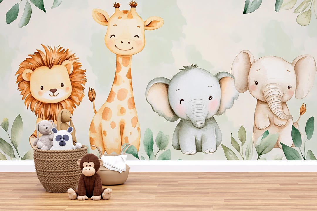 Safari Animal Wallpaper for Nursery – Cute Lion Giraffe Elephant Wall ...