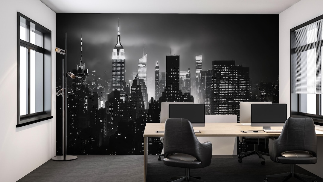 Black and White New York City Skyline Wallpaper Mural – Modern Office ...