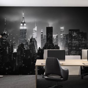 Black And White New York City Skyline Wallpaper Mural – Modern Office Wall Decor, NYC Empire State Building Wall Art, 3D Wallpaper For Home