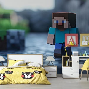Gaming Bedroom Wall Mural – Steve Pixel Art Wallpaper – Gamer Kids Room Decor – Gaming Theme Peel and Stick Mural
