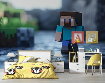 Carta da parati murale per camera da letto da gioco - Carta da parati Steve Pixel Art - Decorazione per cameretta per bambini da gioco - Carta da parati adesiva a tema gioco
