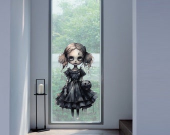 Decoración de Halloween con muñecas góticas aterradoras y espeluznantes, calcomanías para ventanas, decoración para fiestas, calcomanías para espejos y decoraciones espeluznantes.