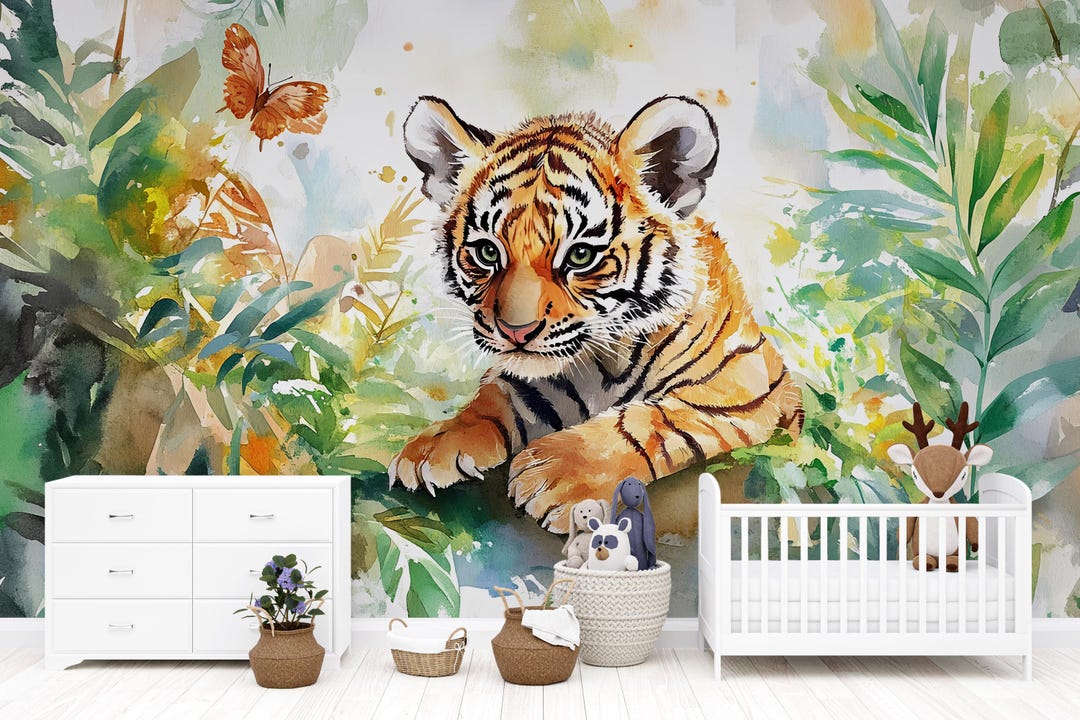 Tiger Jungle Wall Mural for Nursery – Jungle Safari Wallpaper for Kids ...