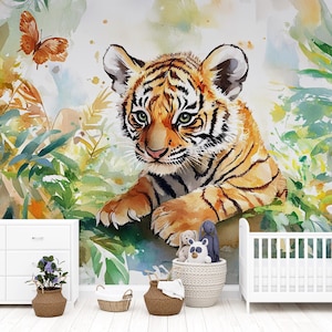 Tiger Jungle Wall Mural for Nursery – Jungle Safari Wallpaper for Kids Room – Peel and Stick Baby Tiger Wall Decor – Wildlife Wall Art