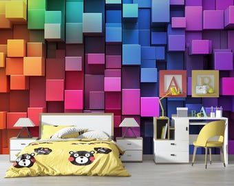 Colorful 3D Cube Wall Mural – Rainbow Geometric Wallpaper for Kids Room – Bright Peel and Stick Accent Wall – Fun Modern Playroom Decor