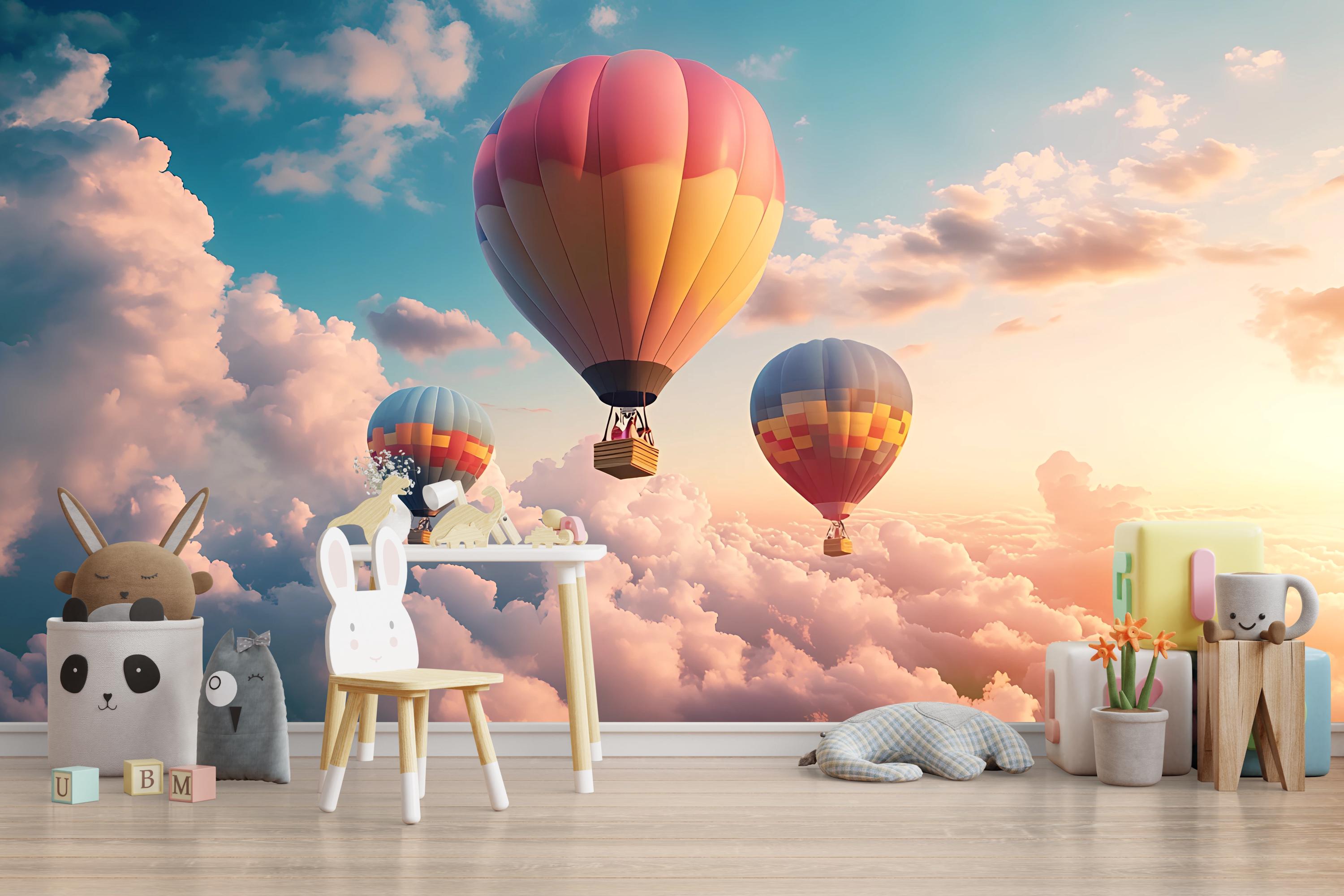 Hot Air Balloon Wall Mural – Sunset Sky Cloud Wallpaper for Kids Room ...