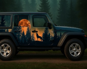 May include: A dark blue Jeep SUV with a custom graphic of a wolf howling at a full moon in a forest setting. The design features silhouetted trees and a large orange moon, creating a scenic outdoor theme.