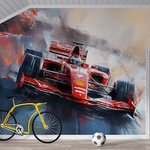 Mural de parede de Fórmula 1 – Papel de parede de carro de corrida pintado, Mural de ação de F1 vermelho para quarto ou garagem de meninos, Arte de parede esportiva removível e adesiva