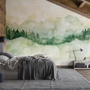 Watercolor Mountain Wall Mural – Minimalist Green Landscape Wallpaper – Stylish Nature Decor Gift – Artistic Bedroom or Holiday Accent