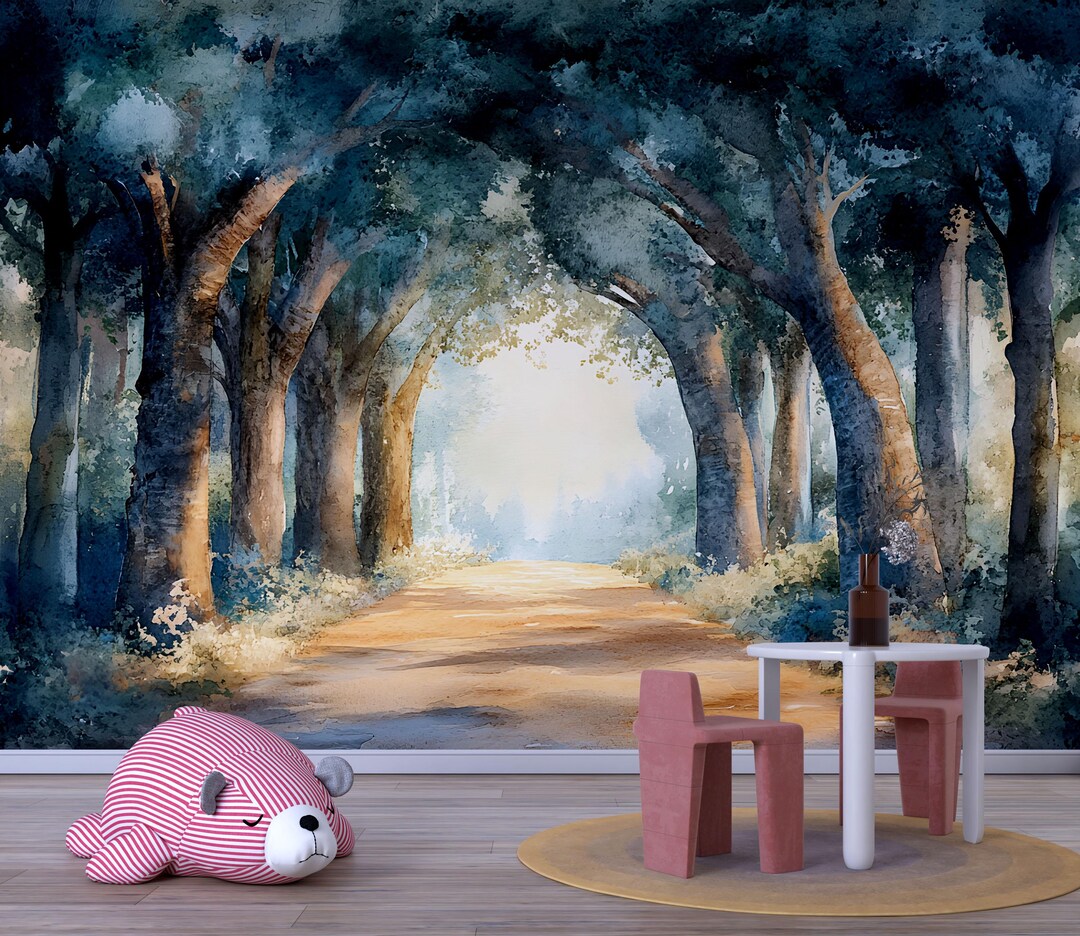 Watercolor Forest Wallpaper Mural | Whimsical Woodland Tree Path Wall ...