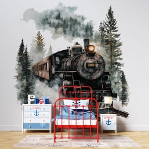 Calcomanía de pared de tren de vapor: Locomotora vintage negra. Decoración rústica de trenes autoadhesiva para habitación de niños, guardería o sala de juegos.