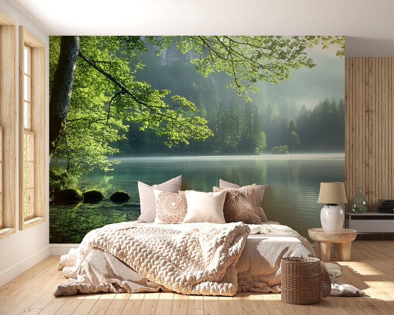 Forest Lake Wall Mural – Serene Nature Landscape Wallpaper – Misty Pine ...