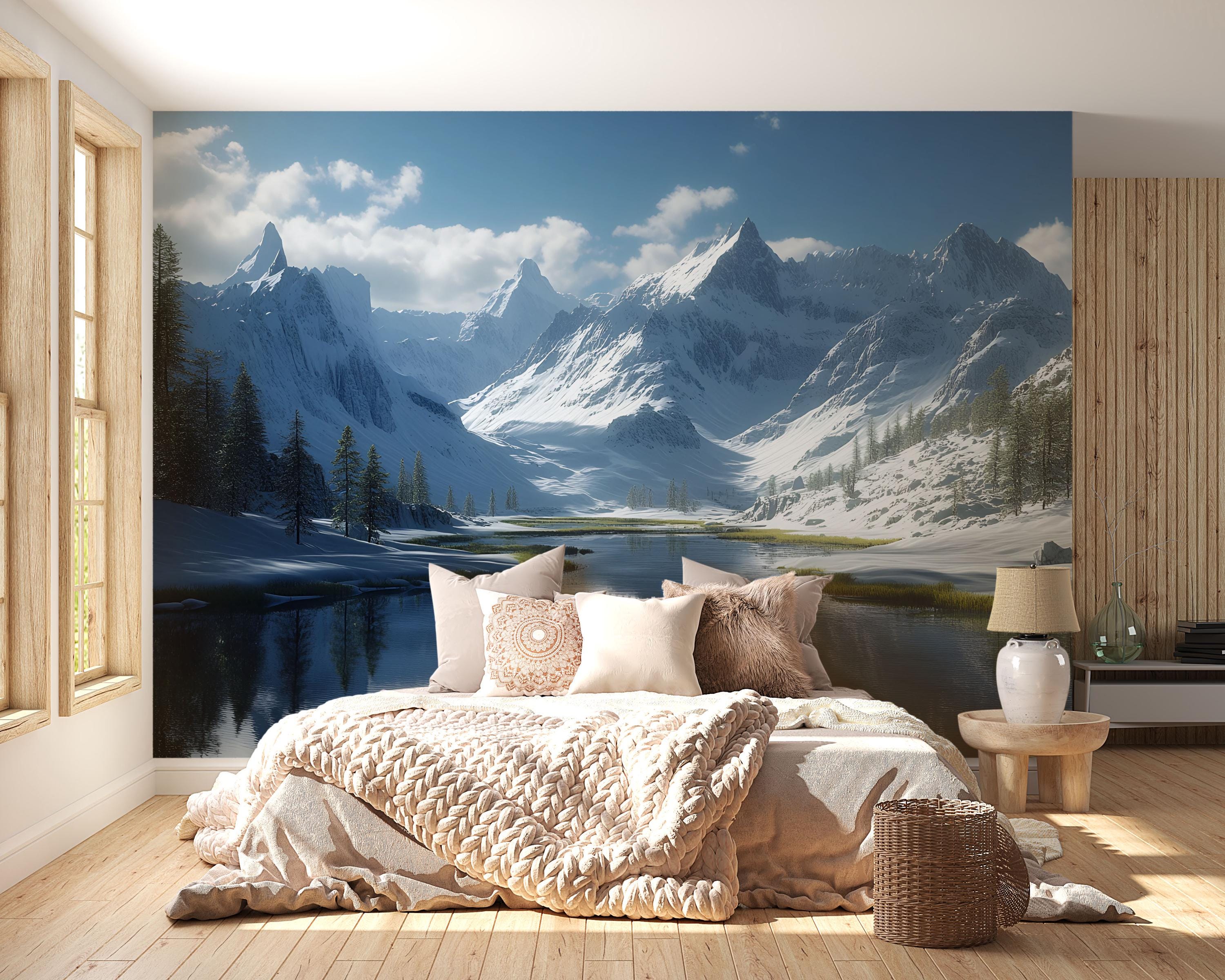Snowy Mountain Wallpaper Mural | 3D Winter Landscape Wall Art With ...