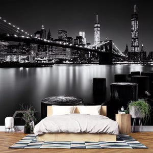 Schwarzweiße NYC Skyline Wandbild - Brooklyn Bridge Stadtbild Tapete, modernes New York Dekor, abziehen und aufkleben