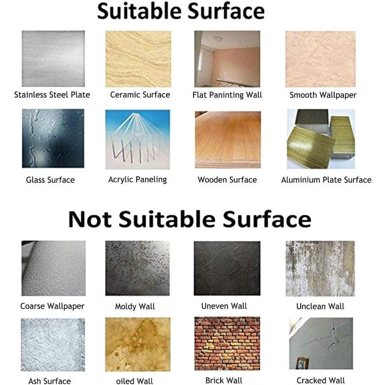 May include: A collage of images showing suitable and unsuitable surfaces for applying adhesive. Suitable surfaces include stainless steel, ceramic, flat painted walls, smooth wallpaper, glass, acrylic paneling, wood, and aluminum. Unsuitable surfaces include coarse wallpaper, moldy walls, uneven walls, unclean walls, ash surfaces, oiled walls, brick walls, and cracked walls.