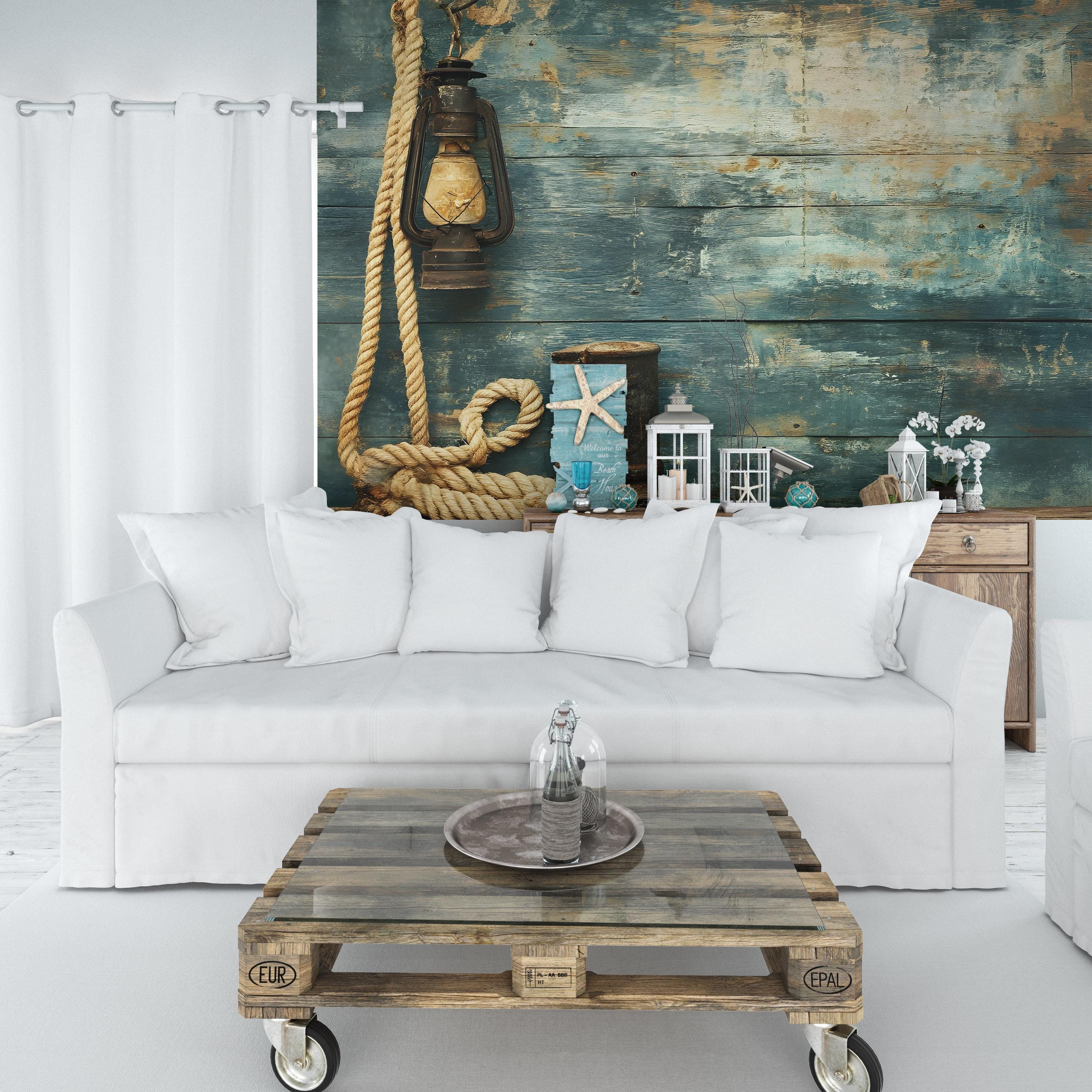 Nautical Wall Mural – Rustic Rope and Lantern Wallpaper, Vintage ...