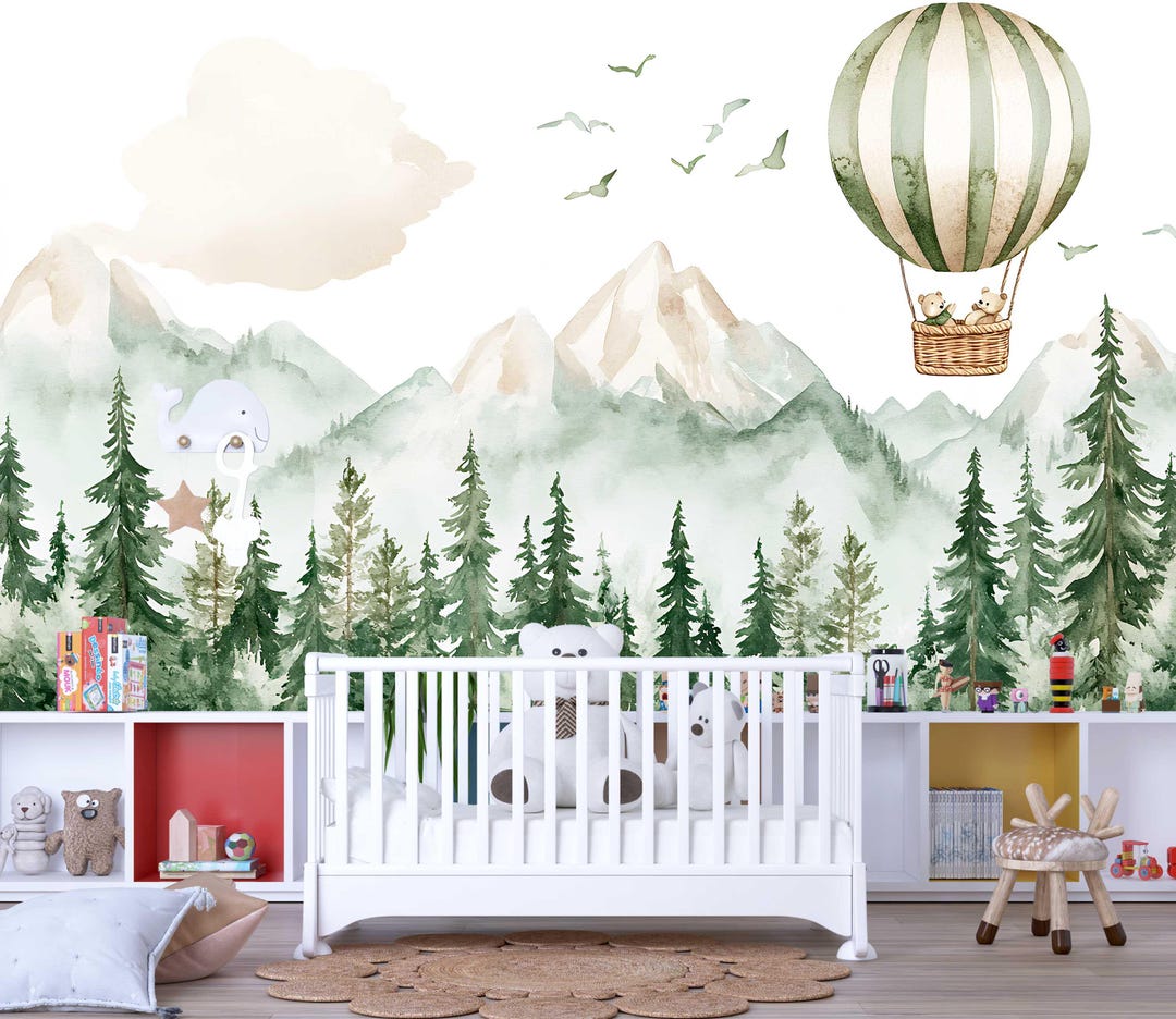 Hot Air Balloon Nursery Wall Mural – Forest Animals & Mountain ...