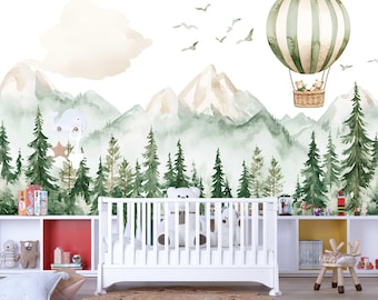 Heißluftballon Wandbild für das Kinderzimmer - Waldtiere & Bergtapete - Gender Neutral Babyzimmer Dekor - Abziehen und aufkleben