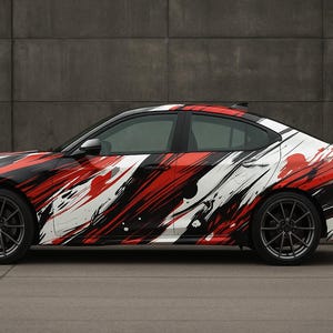 Rood Zwart Wit Borstel Car Wrap | Custom racevinyl voor Civic en JDM-auto's | Street Wrap in Driftstijl | Cadeau voor autoliefhebbers