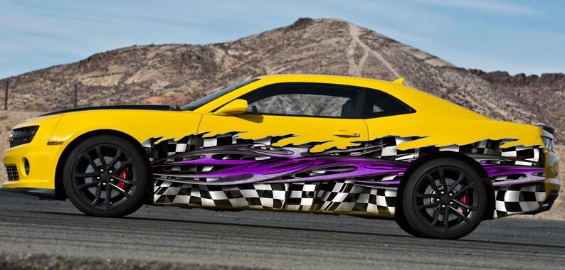 Yellow Racing Flag Car 3D Racing Flag Car Wrap, Flag Car Vinyl, Full Color Tribal Checkered ...