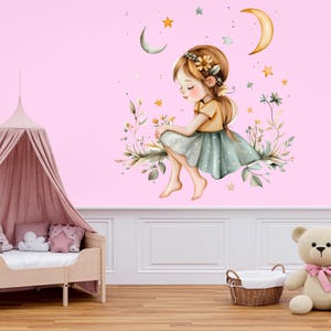 Personalized Girl Moon and Stars Decal / Custom Name Wall Sticker / Nursery Wall Art for Girls, Moon Star Bedroom Decor Peel and Stick Mural