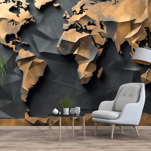 3D Geometrische Weltkarte Wandbild - Moderne Tapete zum Abziehen und Aufkleben - Bürodekoration in Gold und Schwarz, Abnehmbare Reise Wandkunst