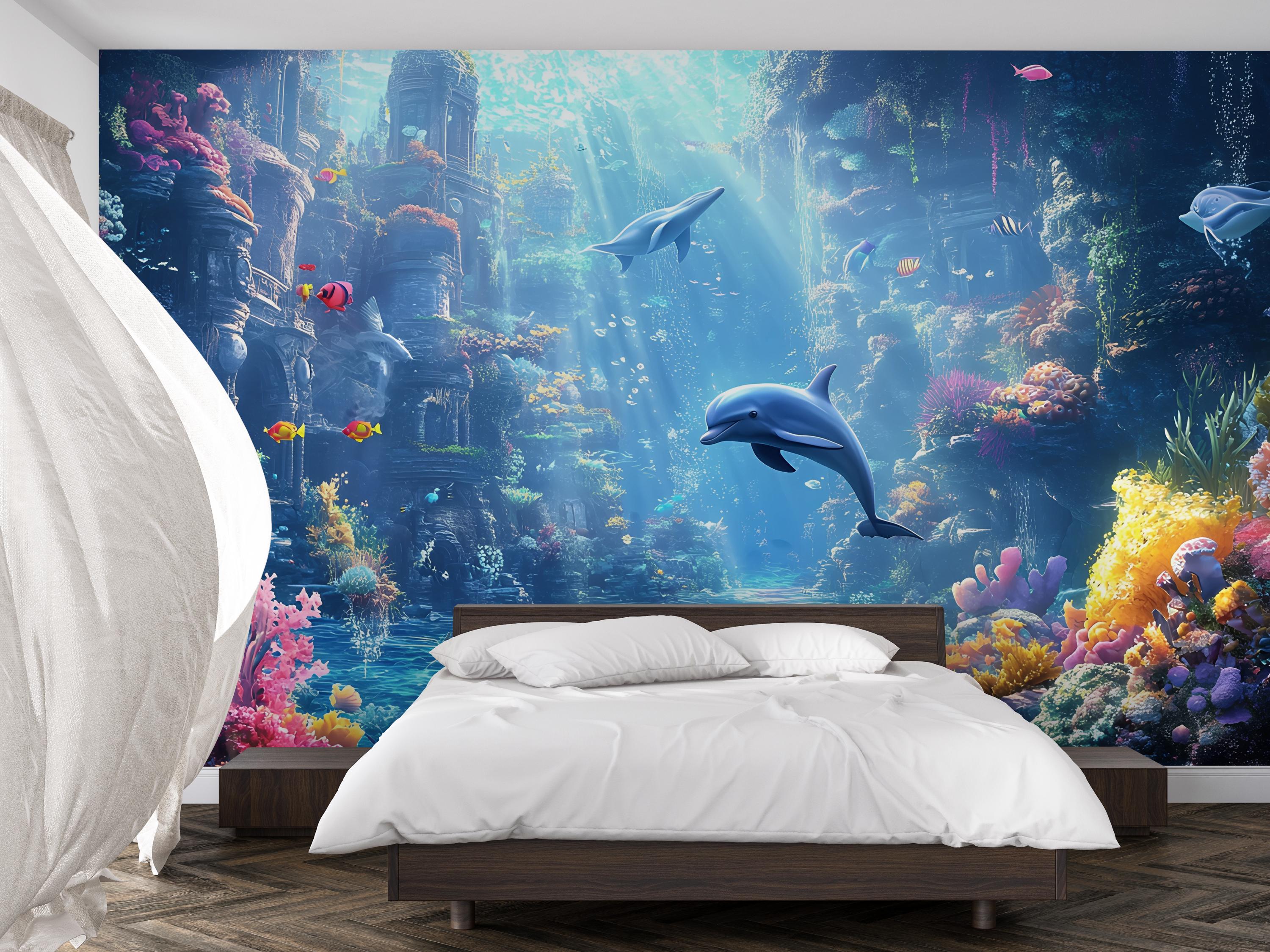 Atlantis Dolphin Wall Mural – 3D Underwater Ocean Scene – Colorful ...