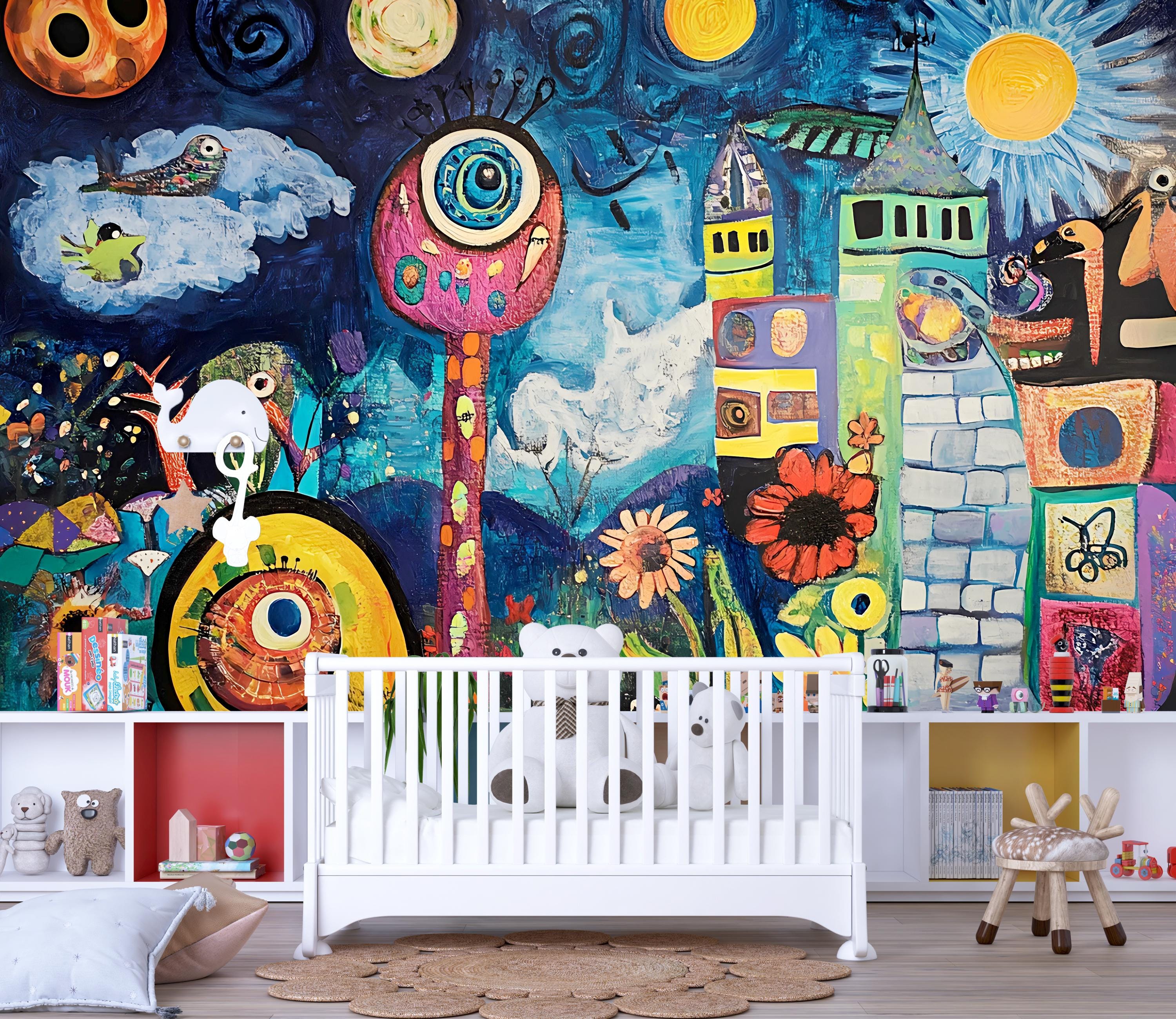 Colorful Abstract Kids Wall Mural – Surrealist Peel and Stick Wallpaper ...
