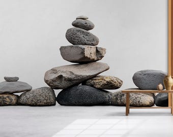 Zen Stacked Stones Wall Decal | Large Rock Mural Sticker | Minimalist Nature Wall Art | Spa Decor | Meditation Room Decor | Peel & Stick