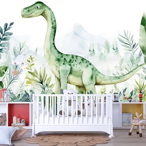 Watercolor Dinosaur Wall Mural – Cute Dino Peel and Stick Nursery Wallpaper – Jungle Baby Room Removable Mural for Kids Bedroom Decor
