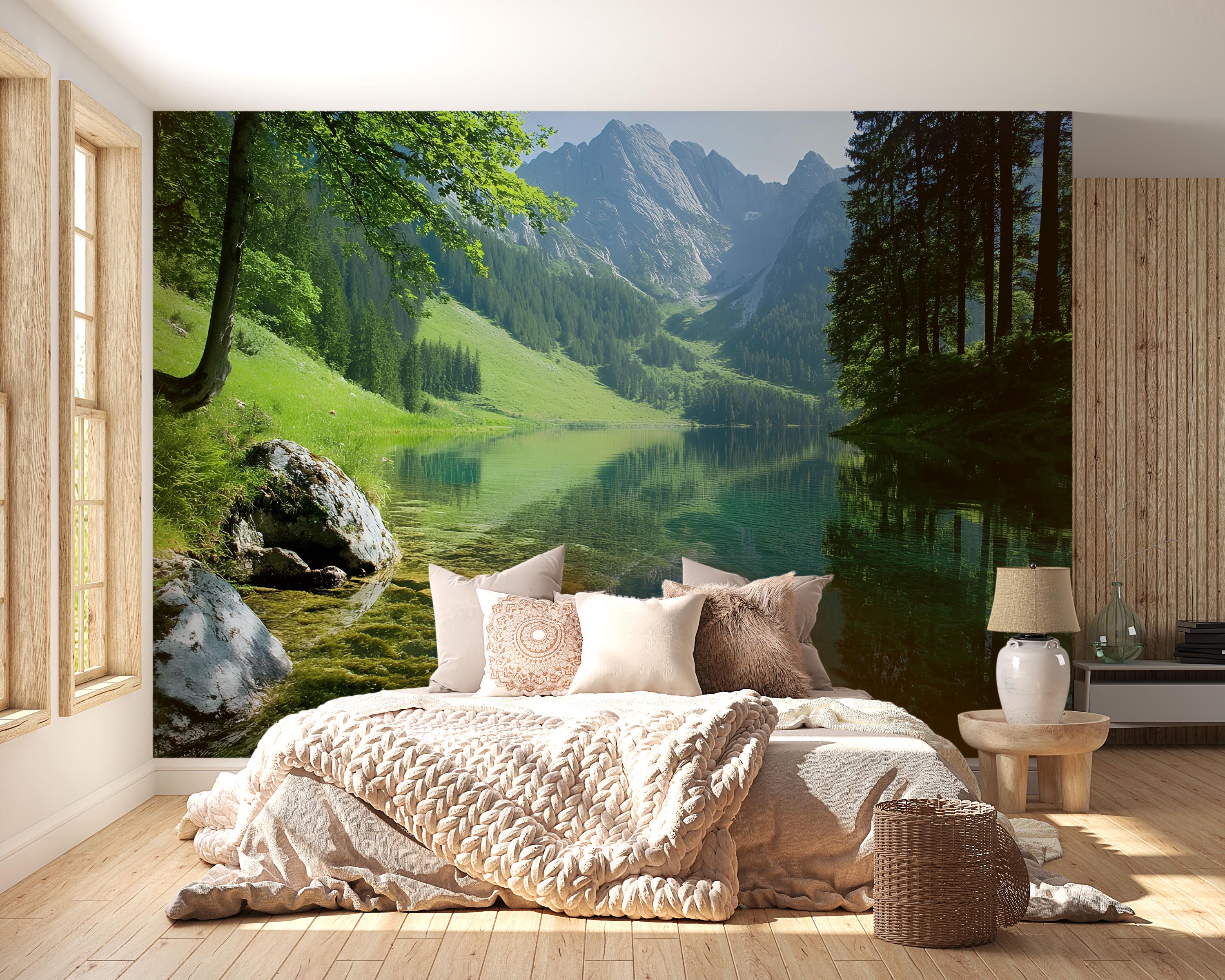 3D Nature Mountain Lake Wallpaper Mural for Bedroom or Living Room ...