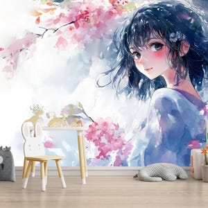 Anime Girl Wall Mural – Watercolor Manga-Style Wallpaper for Bedroom or Kids Room, Soft Pastel Peel and Stick or Non-Woven Art