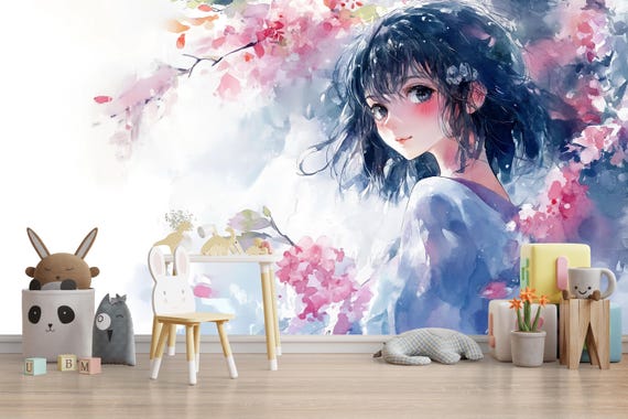 Anime Girl Wall Mural  Watercolor Manga-style Wallpaper for Bedroom or  Kids Room, Soft Pastel Peel and Stick or Non-woven Art - Etsy