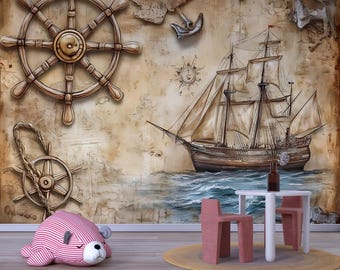 Pirate Ship Wallpaper for Kids Room – Vintage Nautical Ocean Wallpaper – Peel and Stick Sea Adventure Décor – Boys Pirate Bedroom