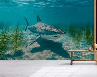 寝室用サメ壁画 – 海の水中テーマ – ホホジロザメアート壁紙 – クール
